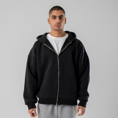 Drop Shoulder Zip Hoodie - Black