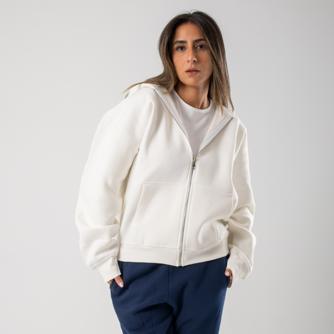 Drop Shoulder Zip Hoodie - White