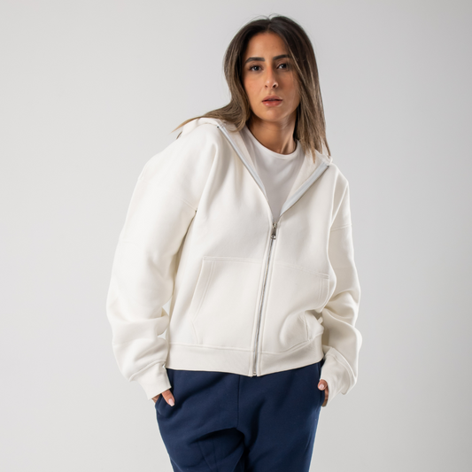 Drop Shoulder Zip Hoodie - White