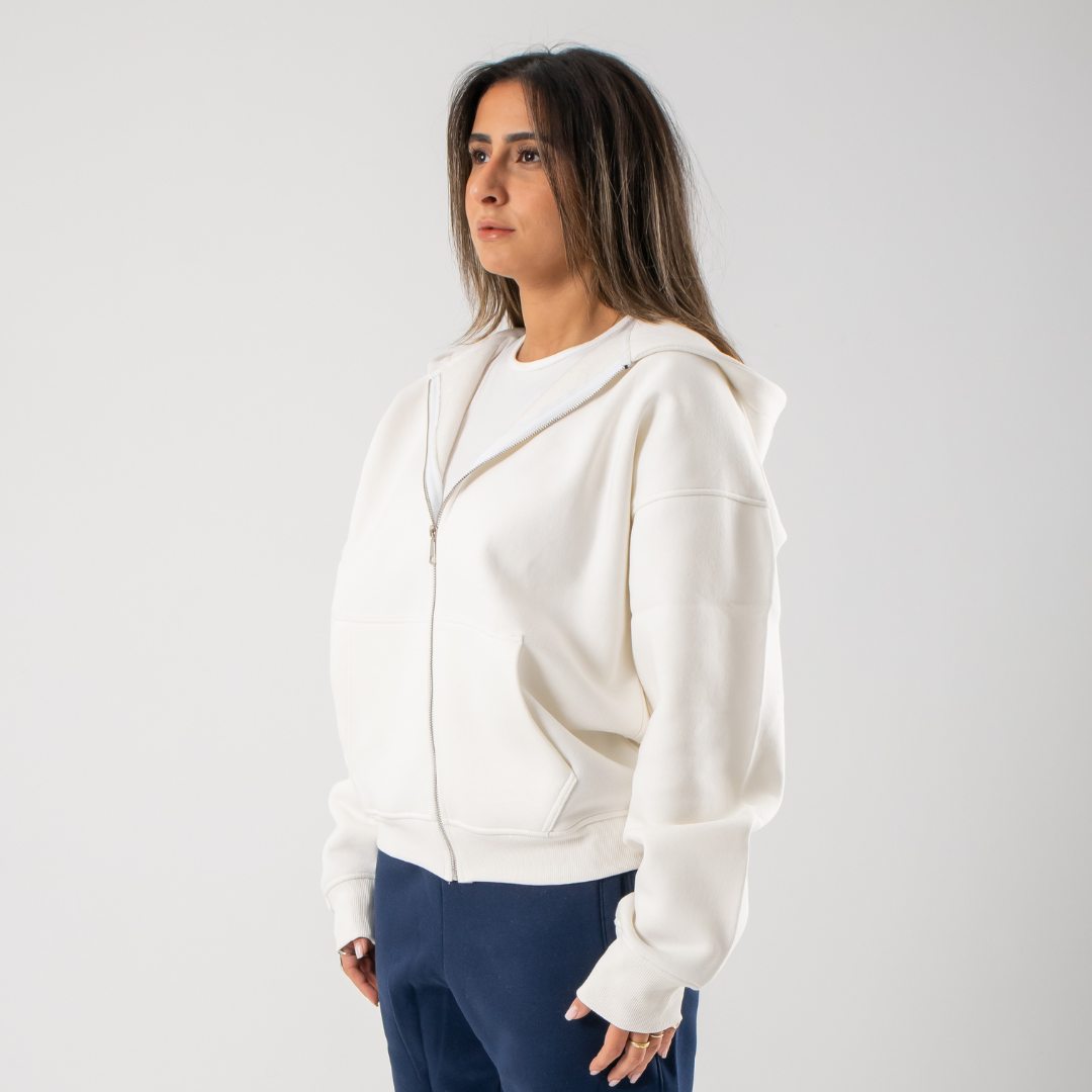 Drop Shoulder Zip Hoodie - White