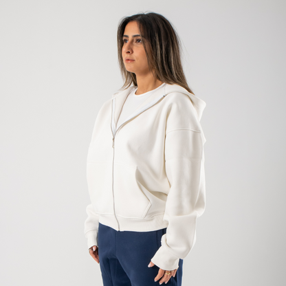 Drop Shoulder Zip Hoodie - White