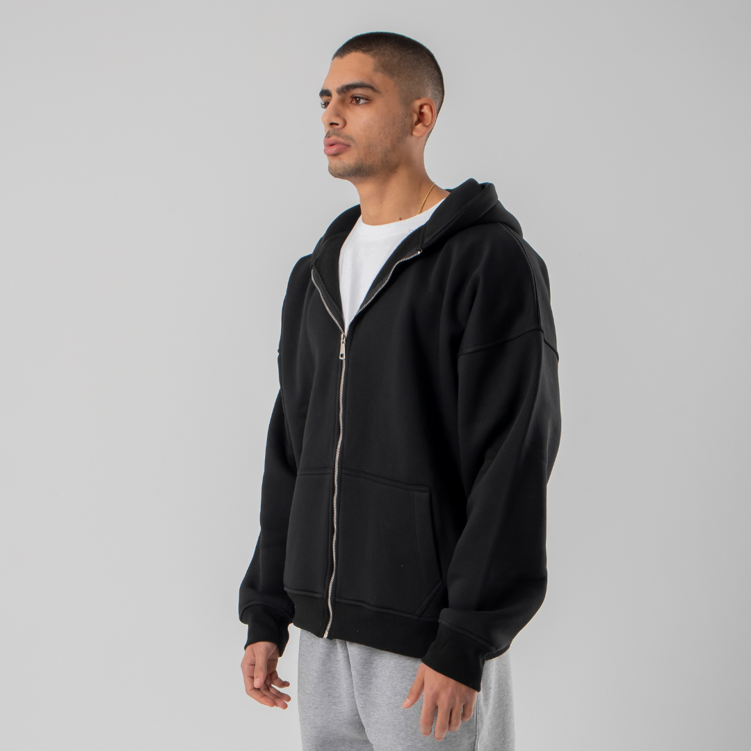 Drop Shoulder Zip Hoodie - Black