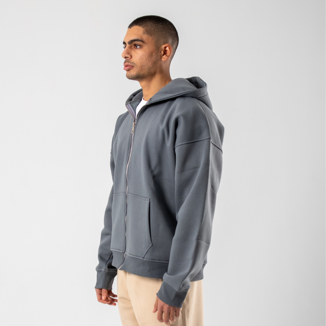 Drop Shoulder Zip Hoodie - Grey