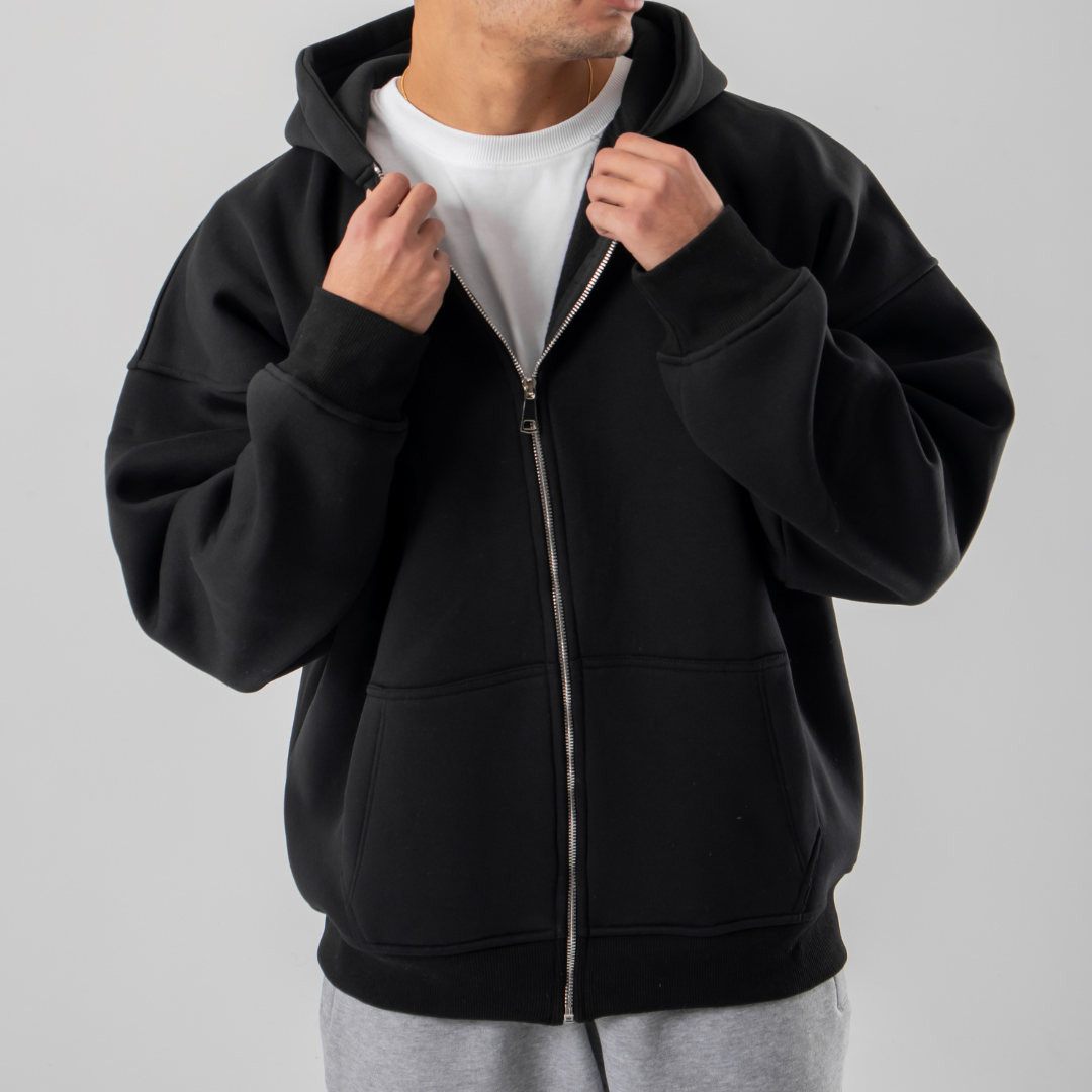 Drop Shoulder Zip Hoodie - Black