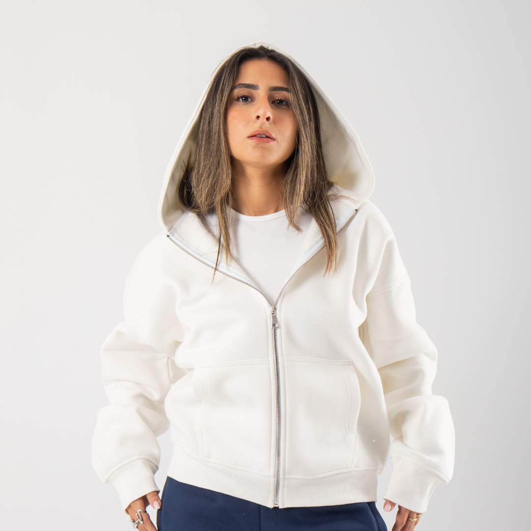 Drop Shoulder Zip Hoodie - White