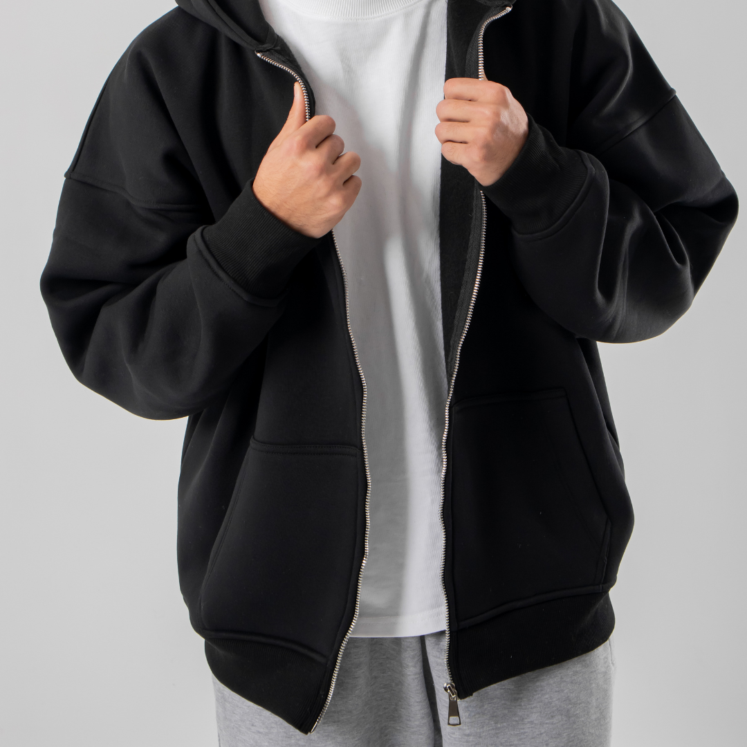 Drop Shoulder Zip Hoodie - Black