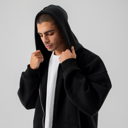 Drop Shoulder Zip Hoodie - Black