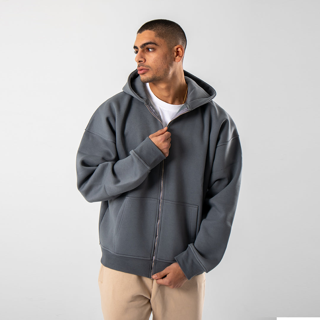 Drop Shoulder Zip Hoodie - Grey